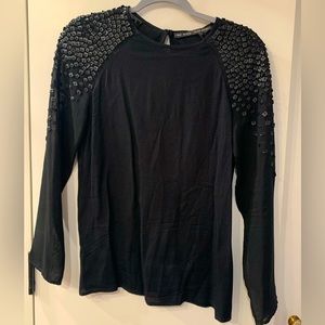 Zara Basic Black Top with Vegan Leather Embellishments XS